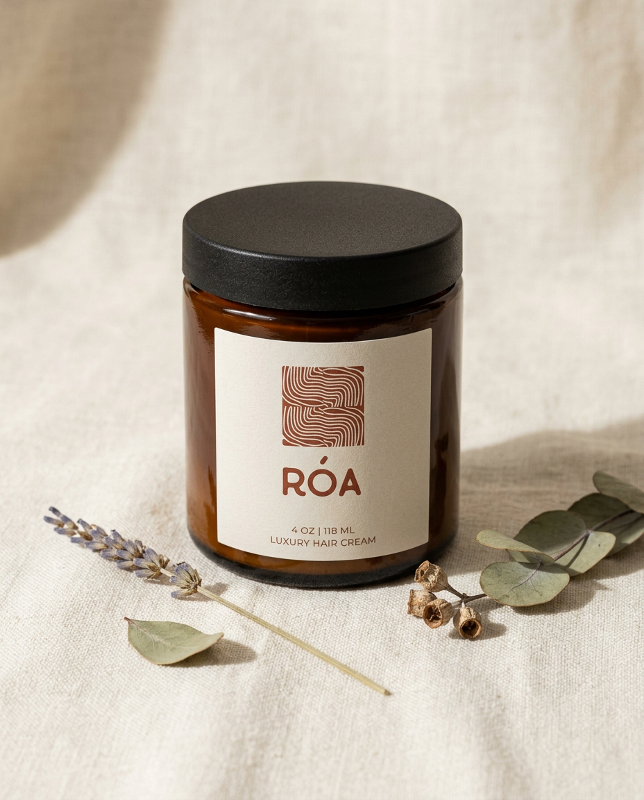 RÓA amber jar of botanical hair cream on warm cream background